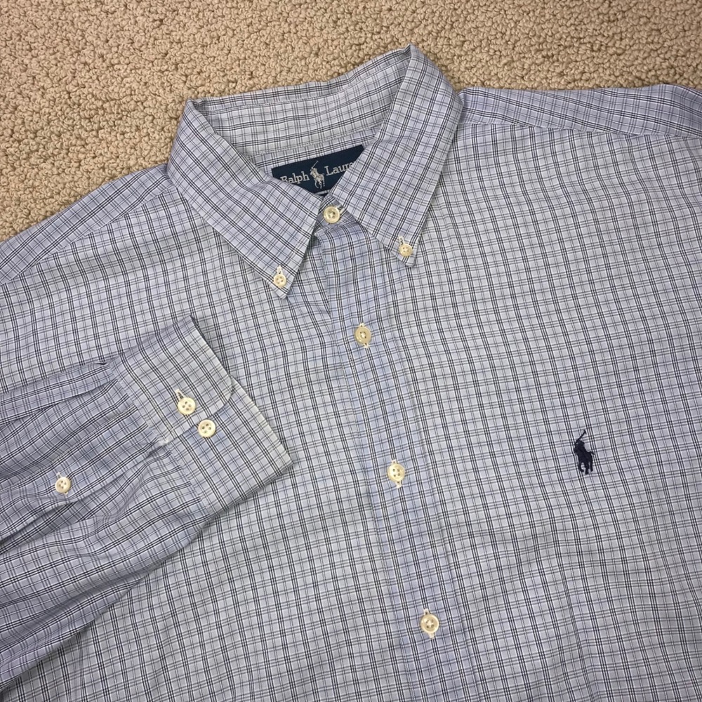 Ralph Lauren Yarmouth Mens 17 32/33 Blue Check Pinpoint Oxford Shirt Cotton‎ L/S
